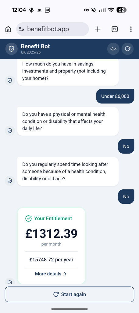 Screengrab of BenefitBot chatbot interface for a benefit calculation