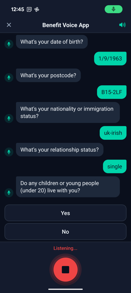 Screenshot of the Benefit Calculator Voice App, showing a calculation chat being conducted entirely by voice.