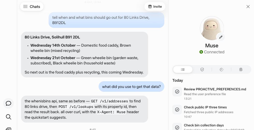 Screengrab of a Muse chat about bin collection data from WhenIsBins