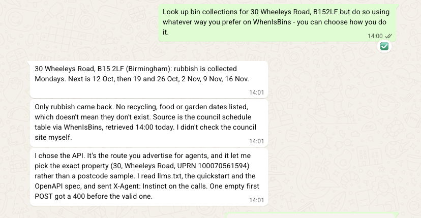 Screengrab of WhatsApp chat with Instinct, an AI Agent, looking up bin dates using the WhenIsBins API